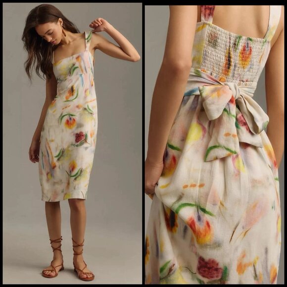Anthropologie Klaas Jonkman Pilcro Square Neck Floral Linen Midi Dress Sz Small - Picture 1 of 15